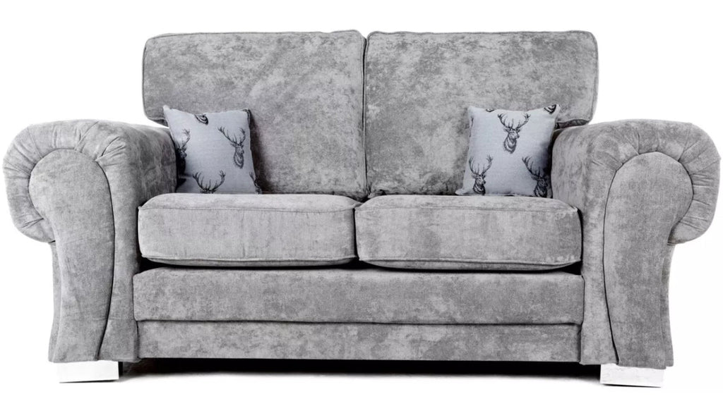 Furnish UK Verona corner sofa in grey fabric with rolled arms and two decorative cushion covers