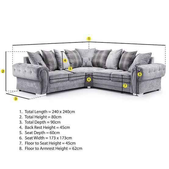 Gray Verona corner sofa from Furnish UK with plush cushions and detailed measurements