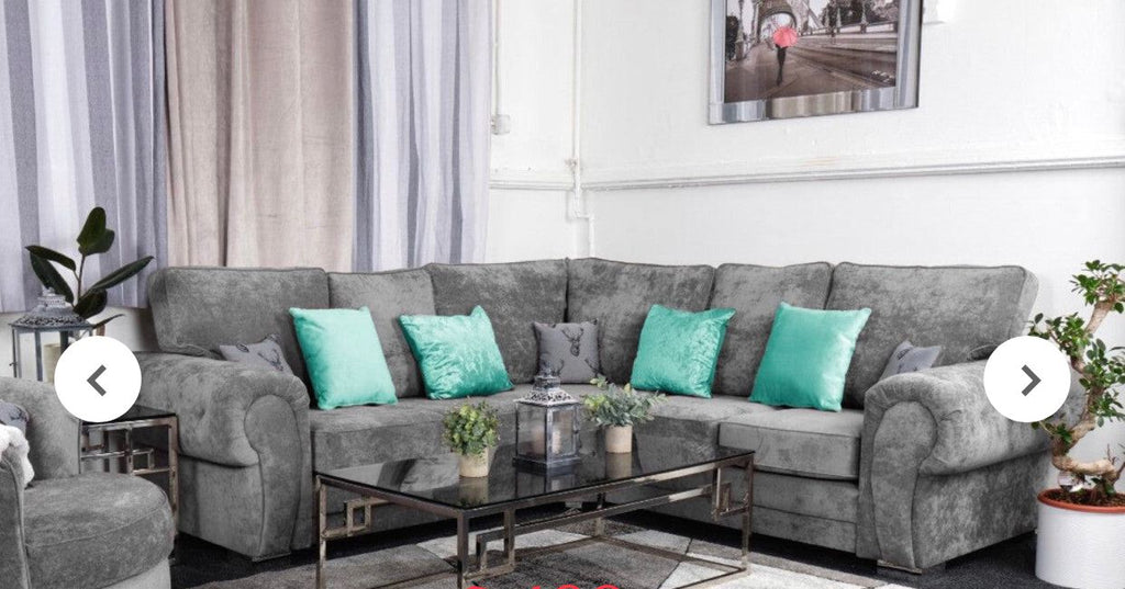 Verona corner sofa by Furnish UK in gray fabric with turquoise and gray cushions in a modern living room