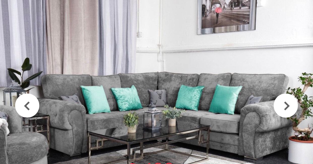 Verona corner sofa by Furnish UK in gray fabric with turquoise and gray cushions in a modern living room