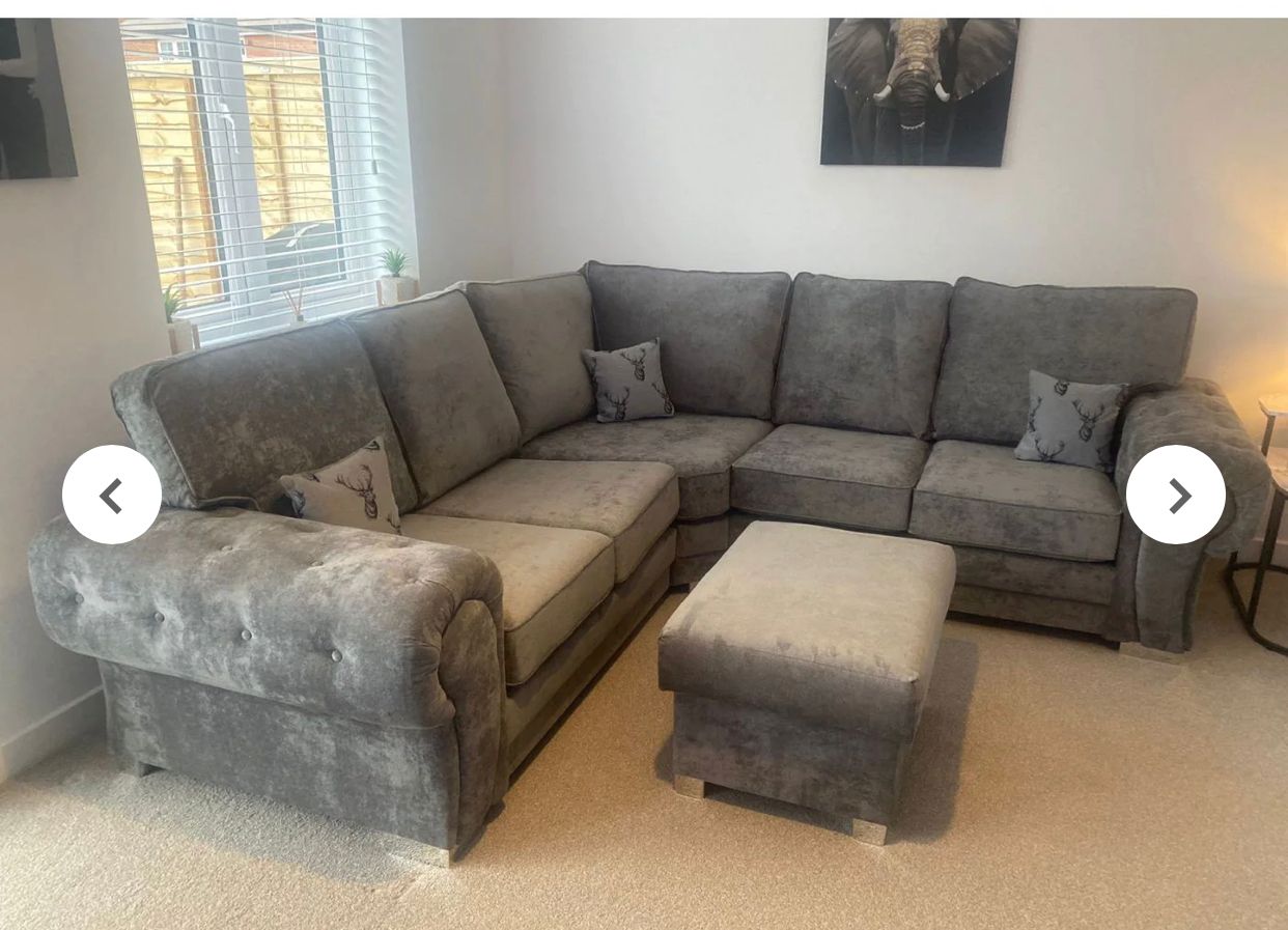 Verona corner sofa by Furnish UK in gray plush fabric with cushioned seats and matching ottoman