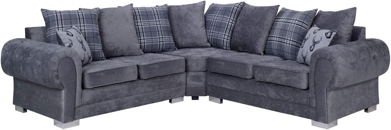 Verona corner sofa in dark gray fabric with patterned and solid cushions by Furnish UK